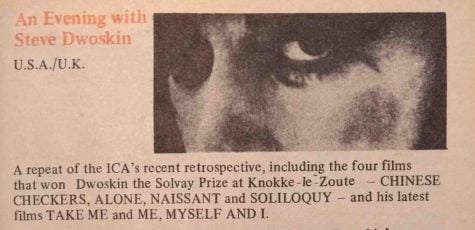 Blurb for ‘An Evening with Steve Dwoskin’ from the New Cinema Club programme, April–June 1969