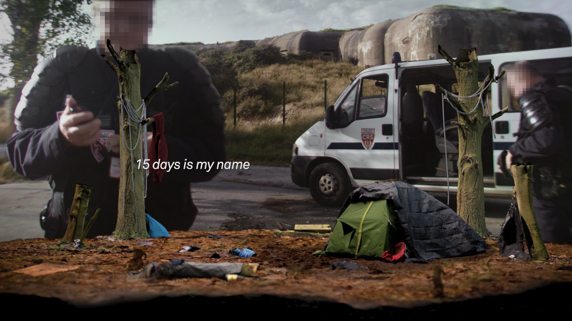 A wet campground with a frail tent in the midst of muddy scrubland and trees.. This image appears in the foreground, collaged on top of a backdrop image of a police vehicle and policemen, with their faces blurred for anonymity. The words "15 days is my name" appear across the screen in white text.