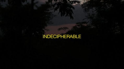 Indecipherable is written in capital letters in the middle of an image of dark landscape