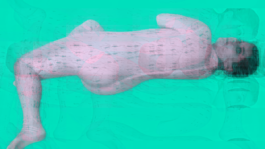 A naked woman whose face and body are obscured and pixelated.