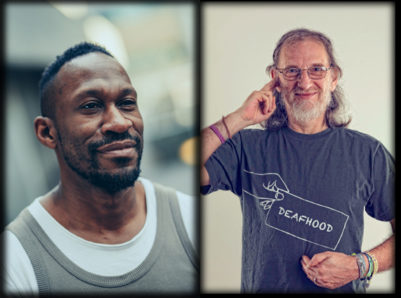 A portrait of a black man with a glimpse of a smile is on the left. On the right is a portrait of a while man wearing a t-shirts that says “DEAFHOOD” His right hand points near his ear.