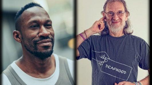 A portrait of a black man with a glimpse of a smile is on the left. On the right is a portrait of a while man wearing a t-shirts that says “DEAFHOOD” His right hand points near his ear.