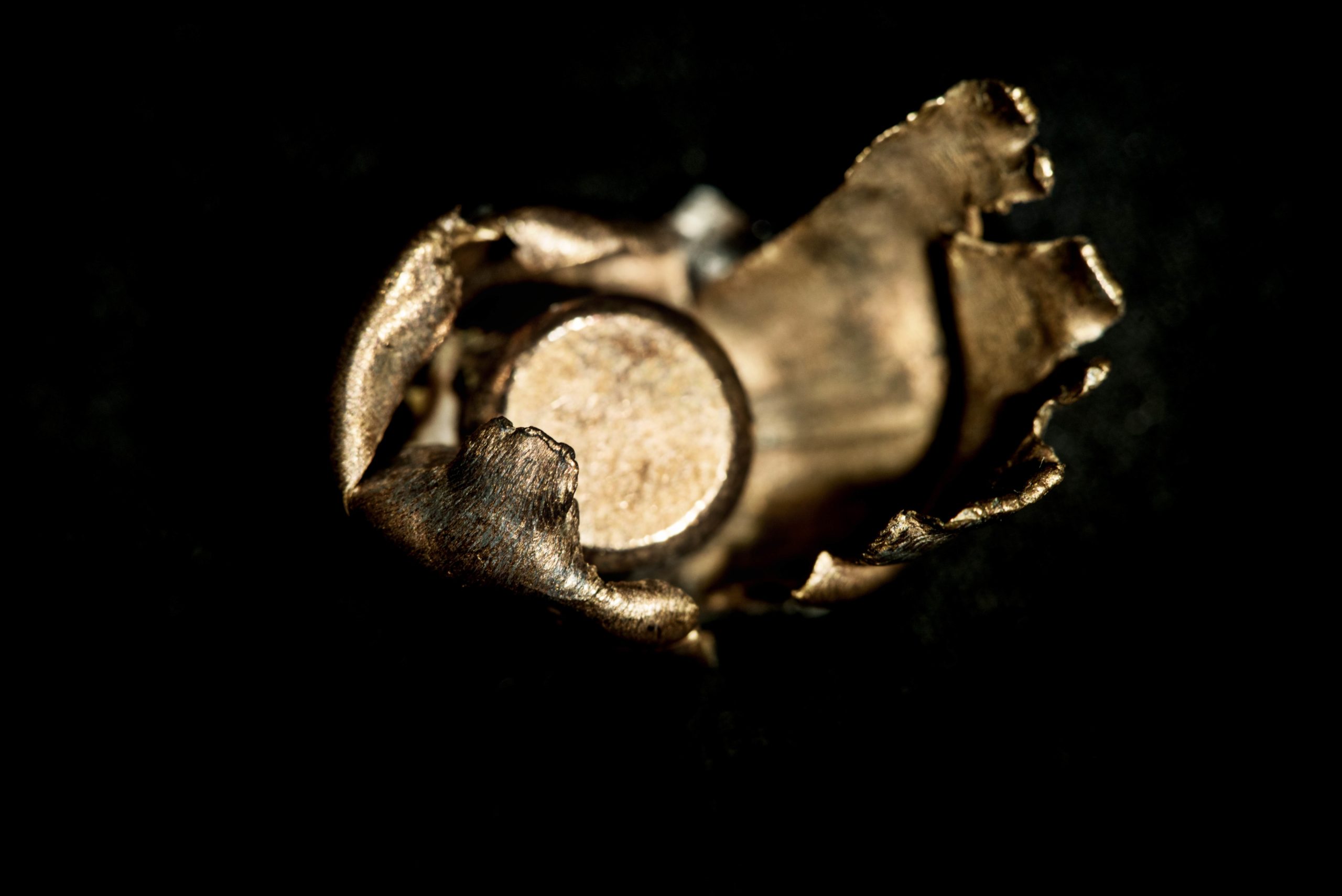 A ruptured metal bullet case in an extreme close up. The torn edges are accentuated by lights reflected on the contoured surface.