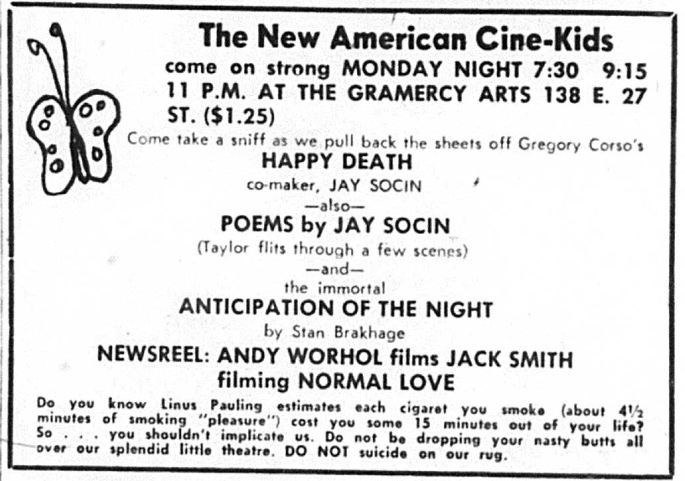 Inside a black outlined rectangle is an advert, densely filled with words. It writes “The New American Cine-kids” and lists programmes of the night. A hand-drawn butterfly doodle is on the left top corner. 