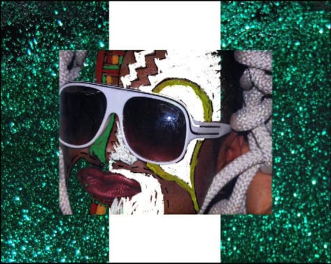 A frame is divided into three columns. Two on the sides are glittery green and the middle is white like a Nigerian flag. In the middle is a face digitally painted over except for a big sunglasses. 