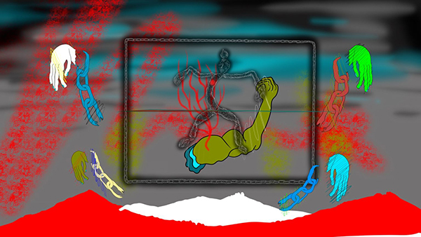 A severed arm surrounded by four severed hands in chains drawn like a cartoon. On the bottom of the frame are Mountain-shaped graphics. The background is blurred vaguely indicating a mix of colours and patterns. A stick figure inside a rectangular chain overlays on the top layer. 