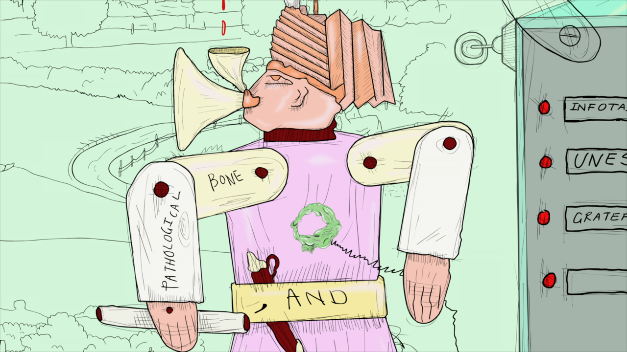 A drawing of a person whose bolt-jointed elbows held to make a 90 degree angle. One the left arm “Pathological” and “bone” are written in all caps. He wears a hat that looks like a type of turban and holds a horn-shaped object in his mouth. On his waist belt that secures his blade writes “AND”.
