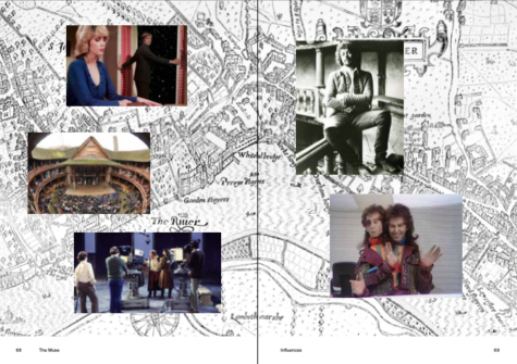 An old drawing of a map is overlaid with photos including a picture of an outdoor stadium, a still from a film, behind the scene photo, a portrait of an actor.