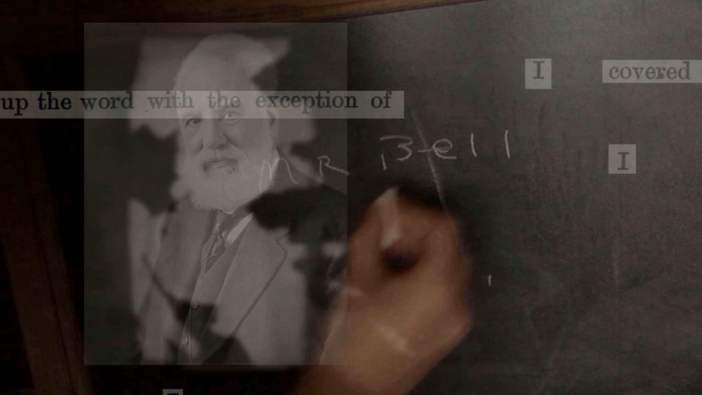 A translucent portrait of an old white man is overlaid with an image of a hand that writes “Mr Bell '' with a white chalk on a black board. Several letter cutouts write “up the word with the exception of, I covered, I” from left to right.