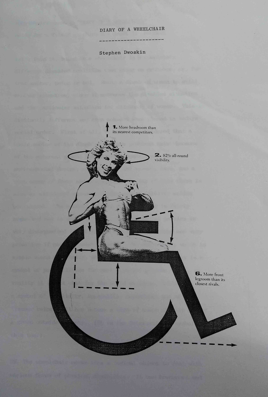 A cover of a script with a title “Diary of a Wheelchair” and “stephen Dwoskin” typed in courier font. A photo of a female bodybuilder is collaged with a wheelchair infographic. 