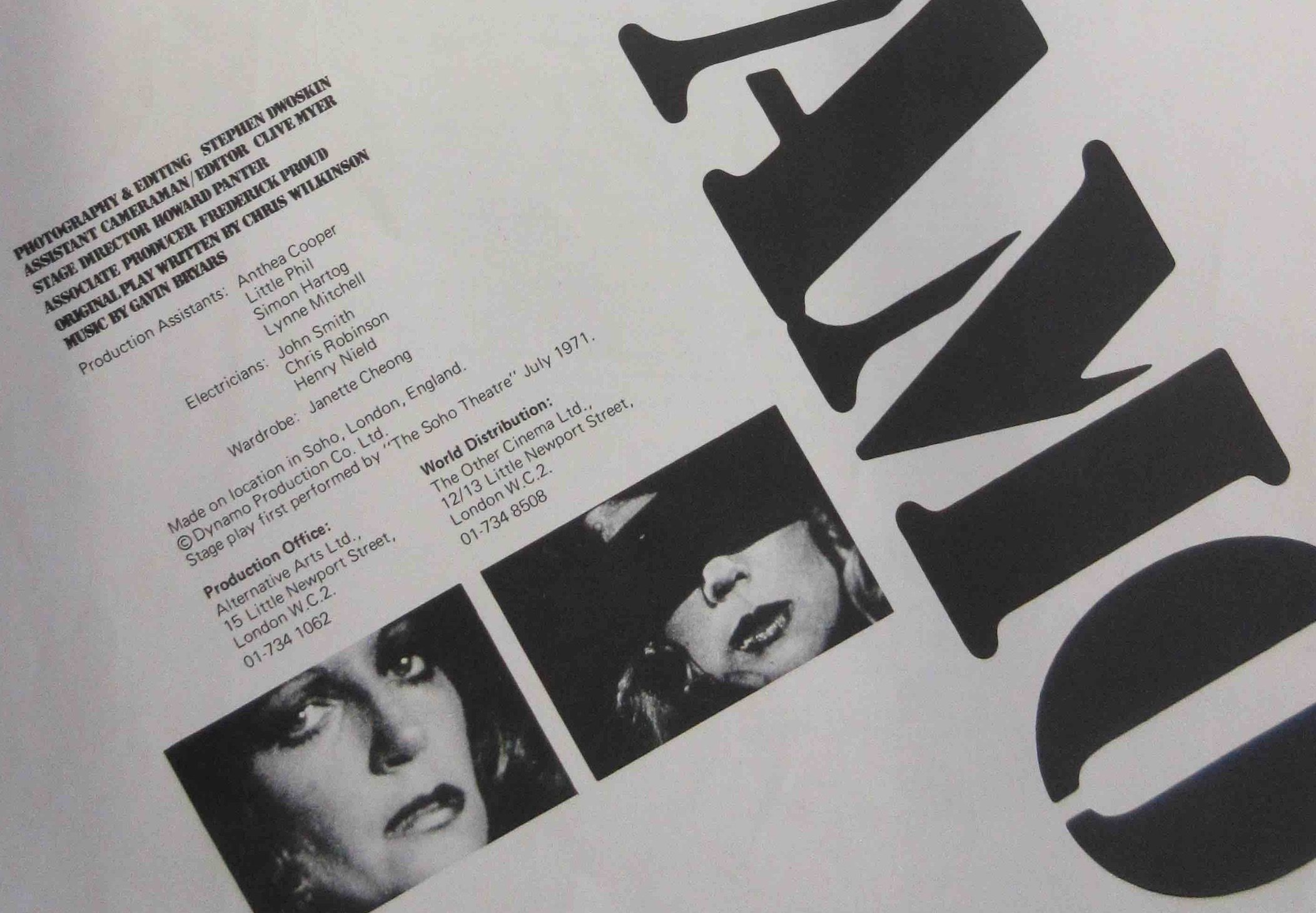 zoomed in on a flatlay of a flyer tilted by 45 degrees. massive stencil type font writes “AMO” on the right and a block of text and two photographs each capturing white woman are on the left.