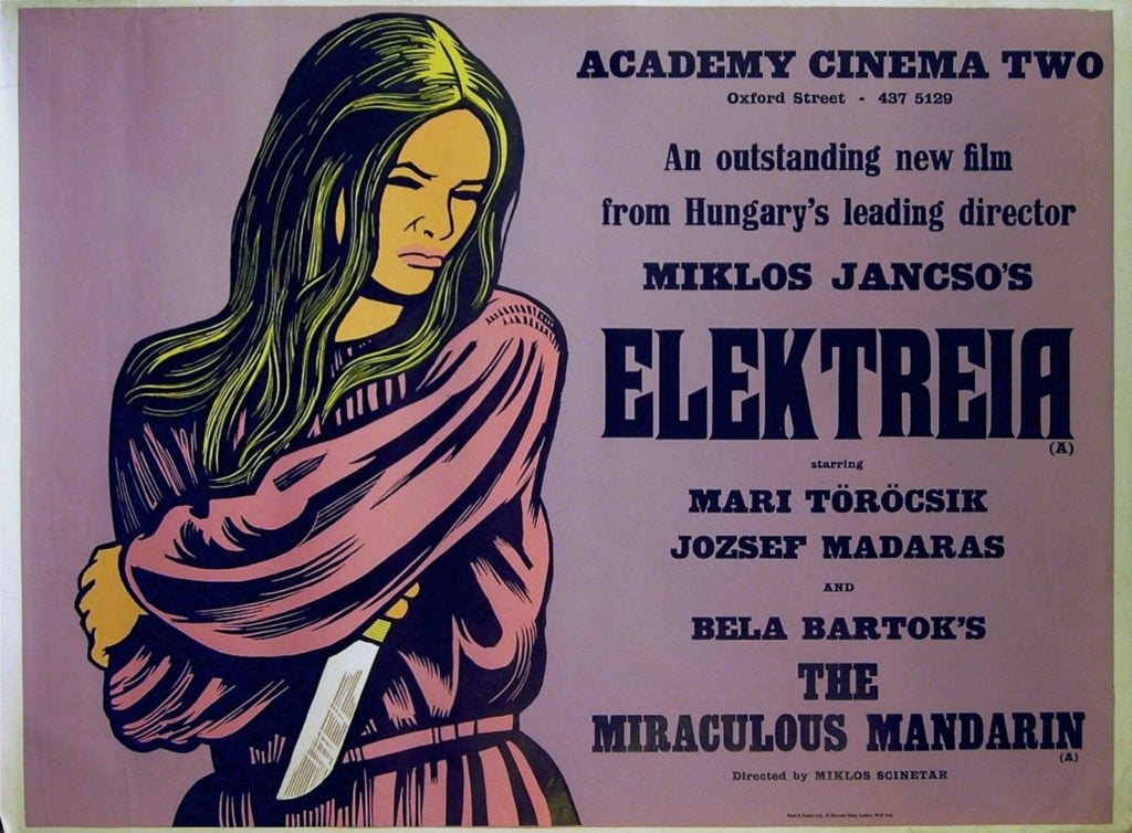 A white blonde woman is illustrated on the left. She has a frown and is holding a knife underneath her left arm that wraps her other arm. On the left is a film credit in bold. The title is “ELEKTREIA”. 