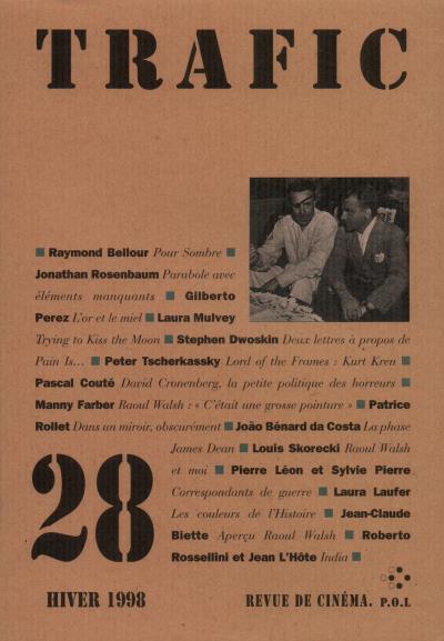 The cover of journal Trafic. The title printed large in stencil font on the top and the bottom left writes 28. In the middle is a square b&w photograph of two men in suit. Between the photograph and the number lists names of contributors. 