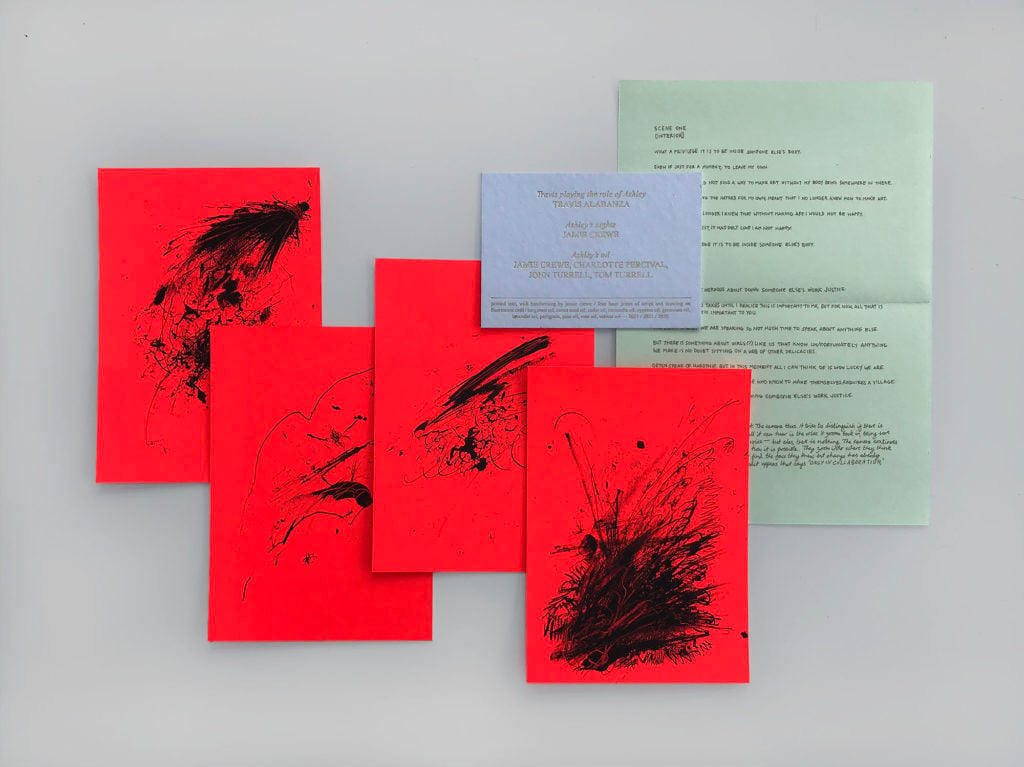 Flatlay of four scratchy drawings in black ink on red fluorescent papers, a white card with golden foil lettering and a pastel green paper with text in gold. 