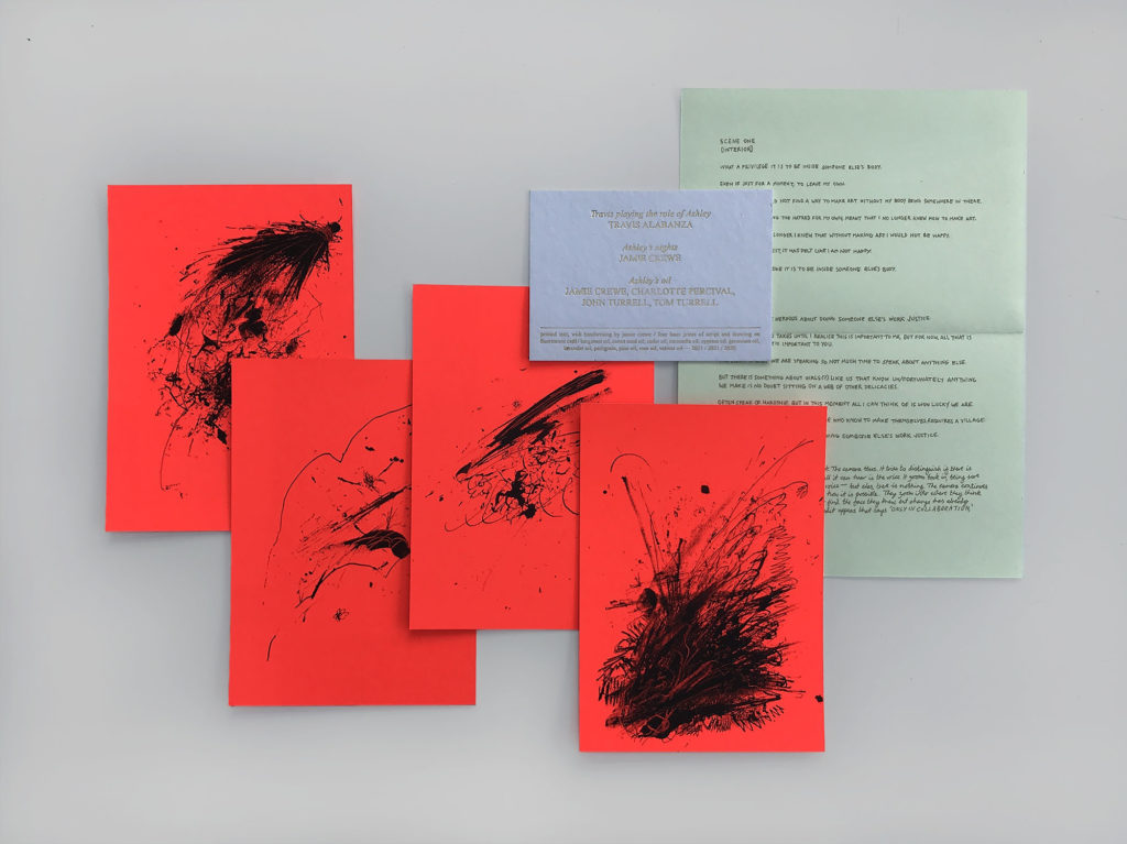 Flatlay of four scratchy drawings in black ink on red fluorescent papers, a white card with golden foil lettering and a pastel green paper with text in gold. 