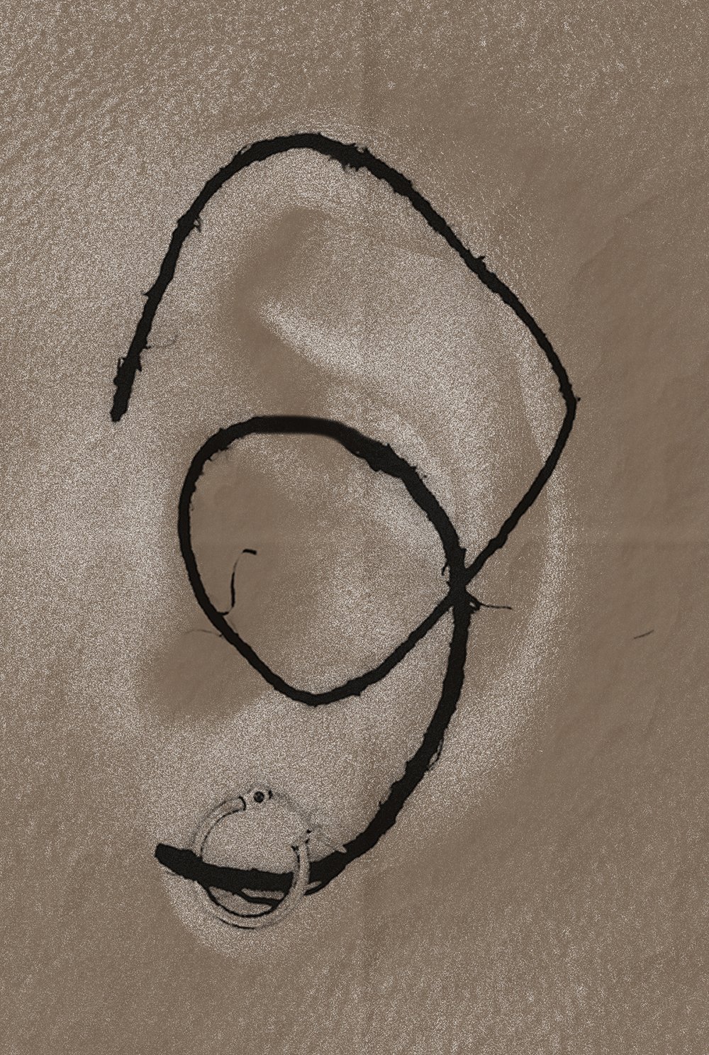 A close up of an ear printed in subdued sepia tone. A ring piercing is on the ear lobe and a thick black line is drawn along the helix, circles around the canal and passes through the ring. Two fold marks create a cross-shape.