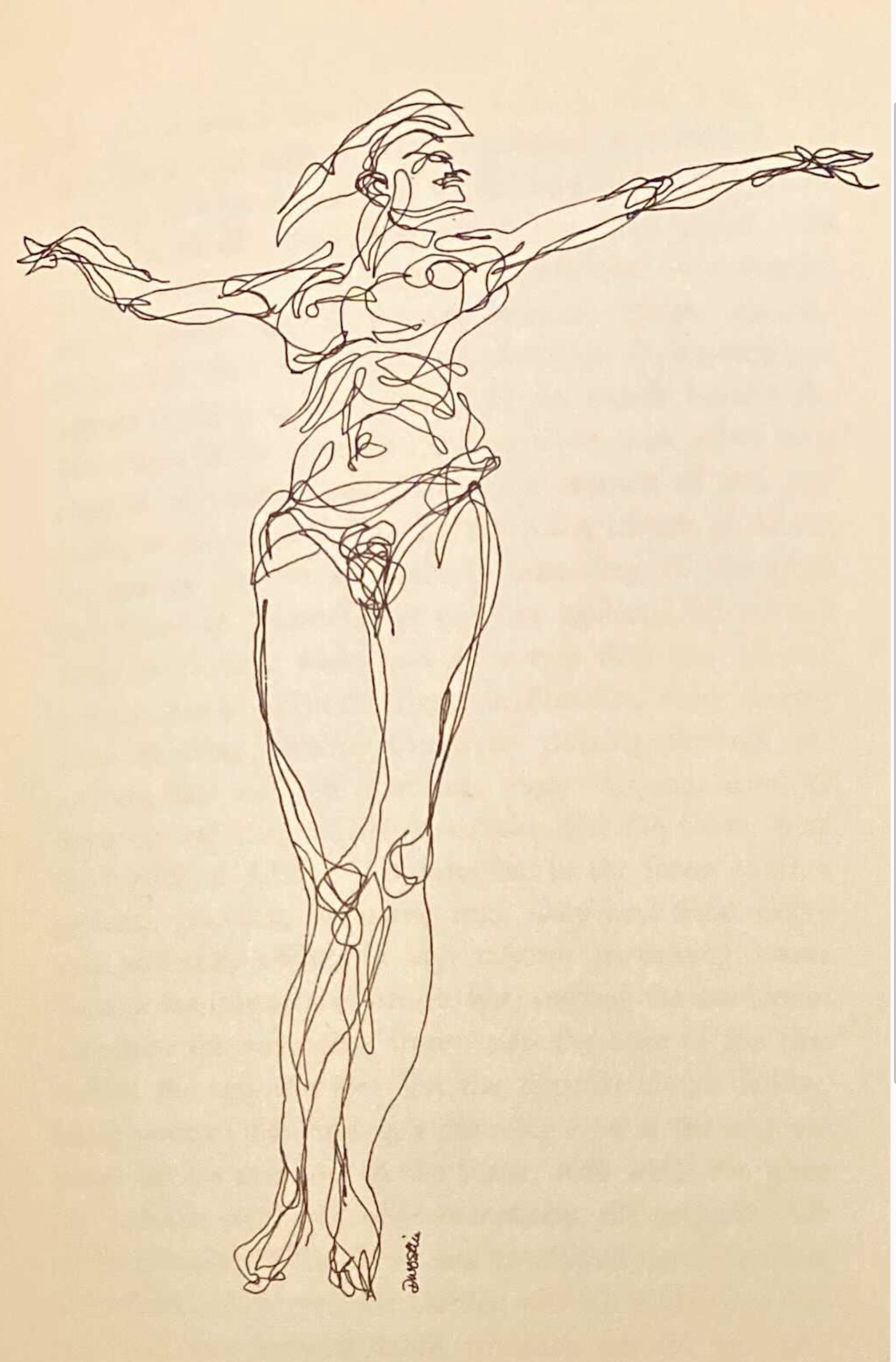 A pen drawing of a naked woman with her arms outstretched, drawn in a continuous abstracted line