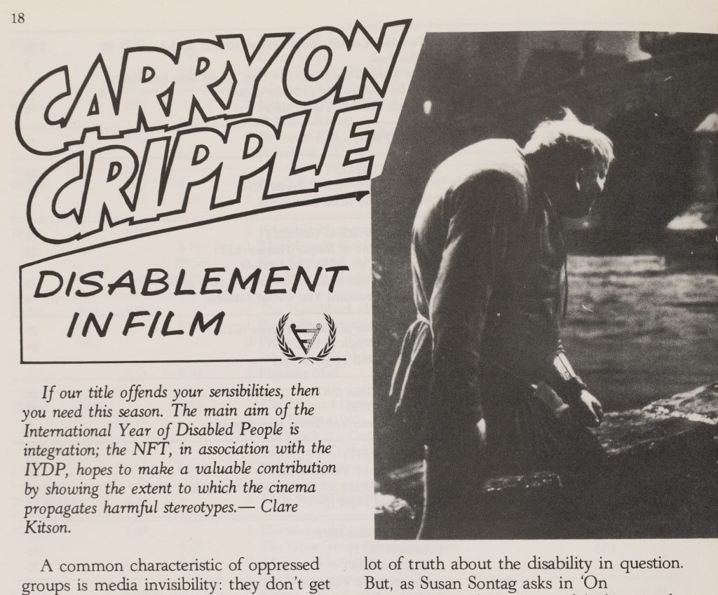 A clipping of an ad promotes a film called Carry on Cripple with an image of a hunched back with some texts