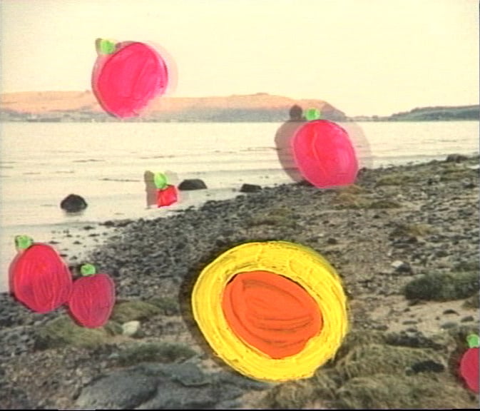 Over an scene of a beach at sunset are hand drawings of fruits