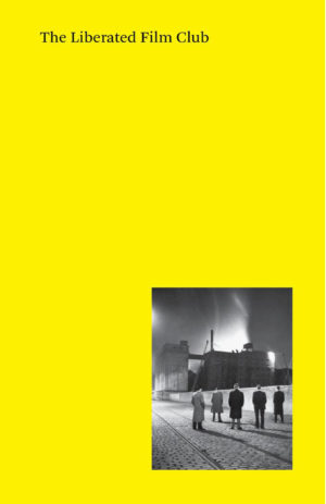 a yellow book cover with a small black and white image in which five people stands in a row on an empty street