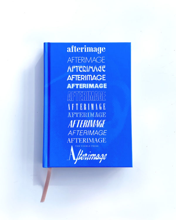 a blue hard cover book with the title Afterimage written in multiple fonts