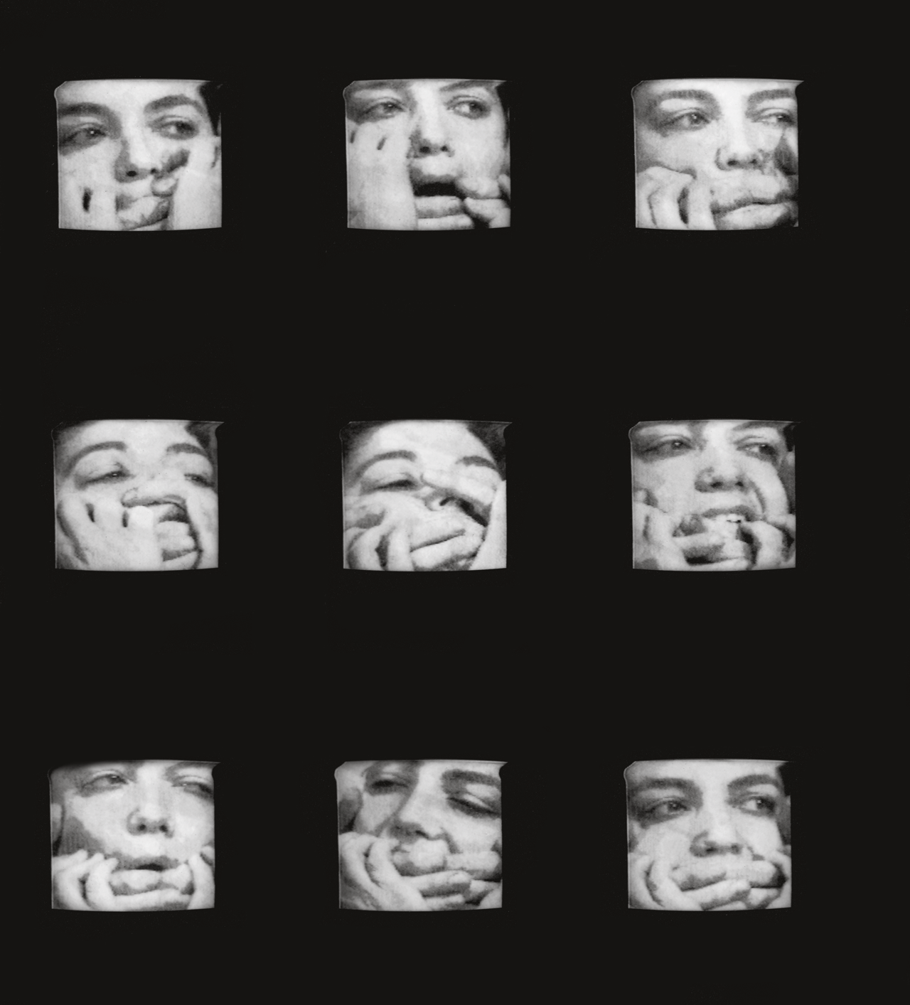 A collage of nine stils from Mona Hatoum’s film So Much I Want to say which capture different moments of a hand covering someone’s mouth with force, shot in close up. 