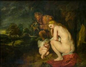 Painting by Peter Paul Rubens entitled Venus Frigida, three naked figures crouch under a tree