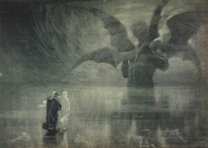 black and white drawing of two figures wearing robes facing a large demon 
