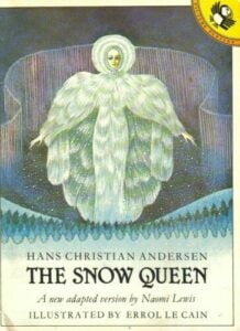 the cover of a book, The Snow Queen by Hans Christian Andersen, the title and a drawing of a woman with bird wings
