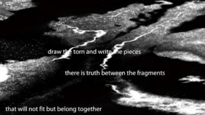 a black and white image of light falling on water to make abstract patterns. on the image are the words 'draw the torn and write the pieces there is truth between the fragments that will not fit but belong together'