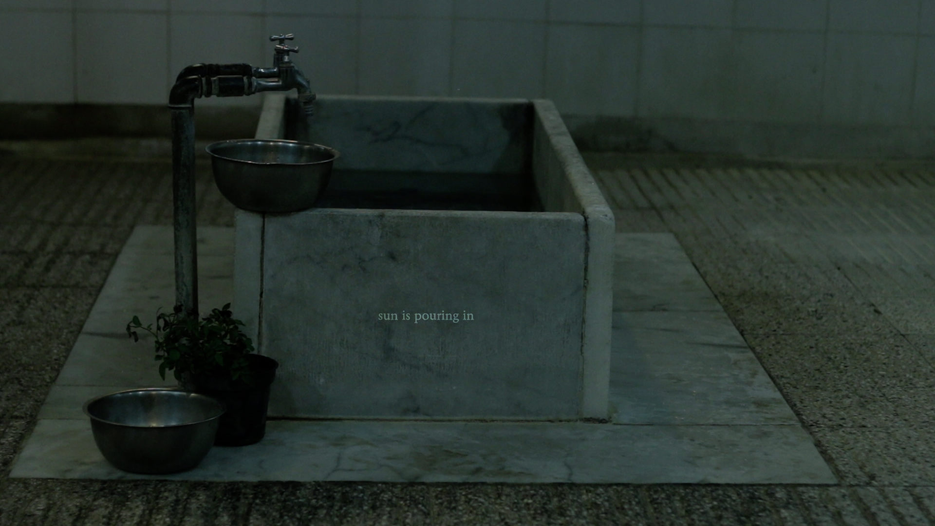 a large marble basin with faucets in an iranian public bath is half filled with water. Two steel bowls and a potted plant sit near the basin. On its side is a small text in white that reads “sun is pouring in”