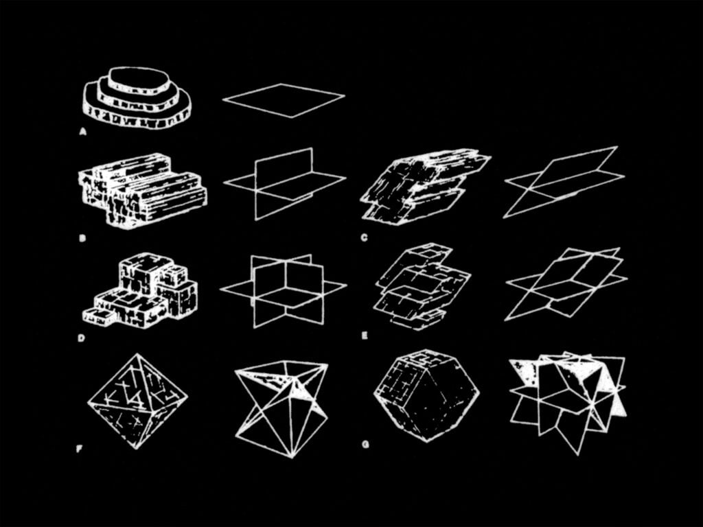 Thin white line drawings depicting various crystal mineral formations are displayed on a black background. These drawings are arranged in four columns labelled A, B, C, D, E, F, and G, showcasing the crystals in different structural forms.