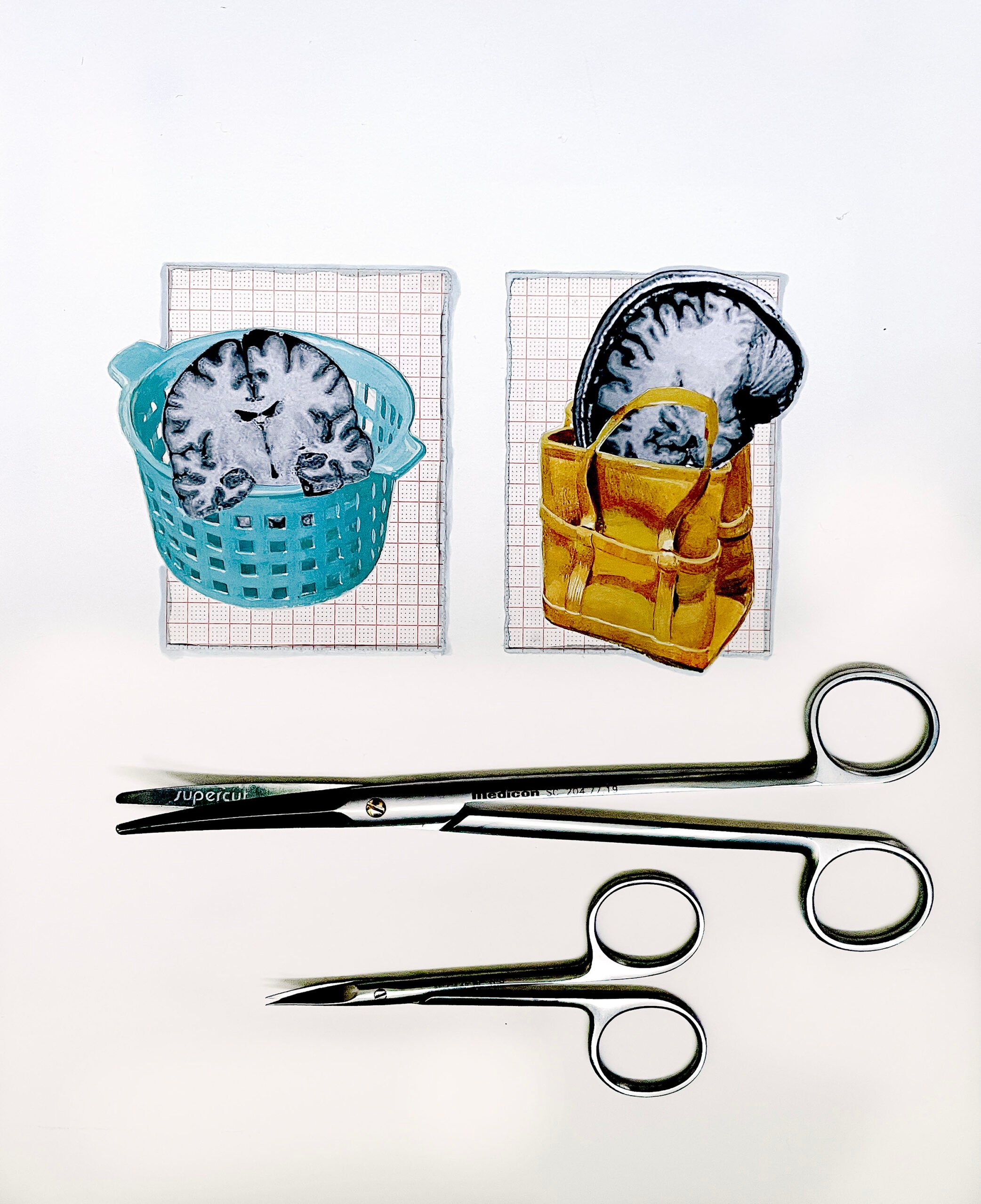 Collage of brain image cutouts rest in a basket and a bag, with two metal scissors positioned below