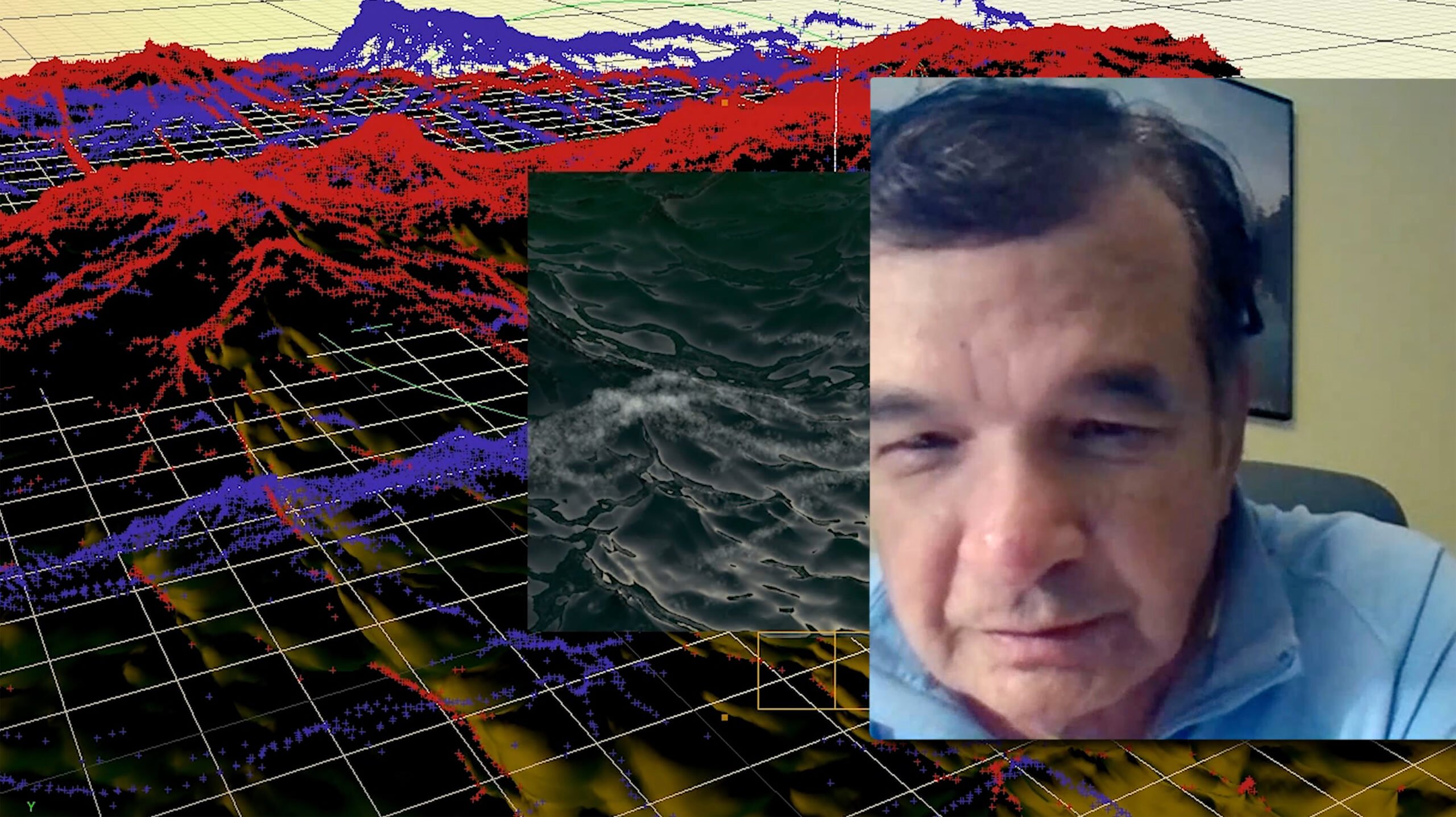 An colourful abstract vector landscape with grid overlays is in the background. Collaged on top of it are an inverted image of waves and an image of an older man gazing into the camera which looks like a screenshot from a video call.