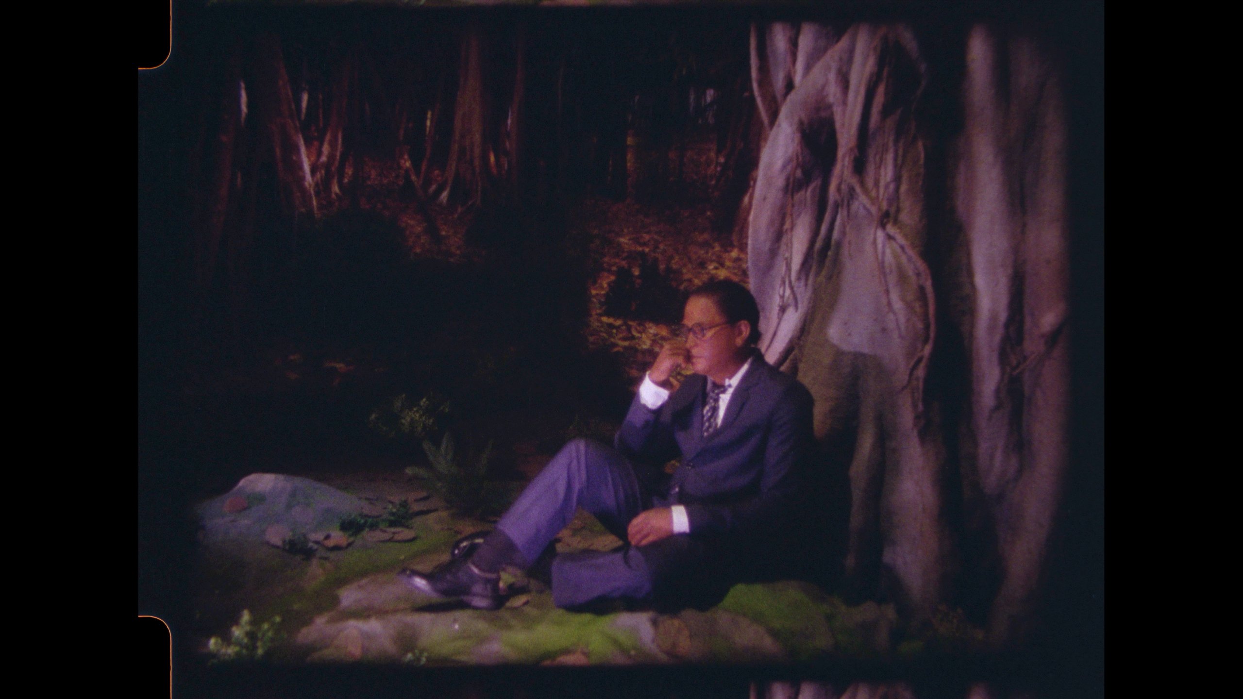 A man is seated on the ground in a forest at the base of a tree, wearing glasses and a suit. The forest is in darkness but the man is illuminated by artificial light. The photograph is taken on analogue film, and the sprockets on one side are visible.