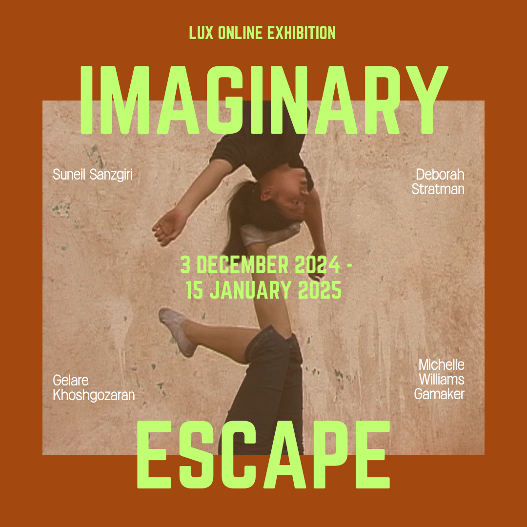 A square poster featuring an image of a person upside down, their head resting on another person’s foot stretched upward. Bold green text reading “Imaginary Escape” frames the top and bottom of the poster, with smaller text at the center reading “3 December 2024 - 15 January 2025.