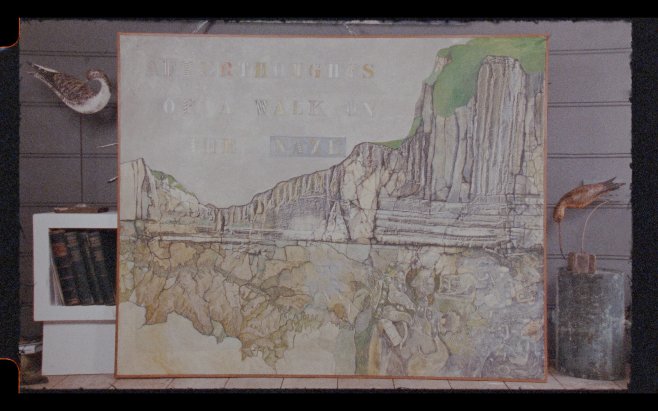 Image of a colage landscape with the words "Afterthoughts of a walk on the Naze"