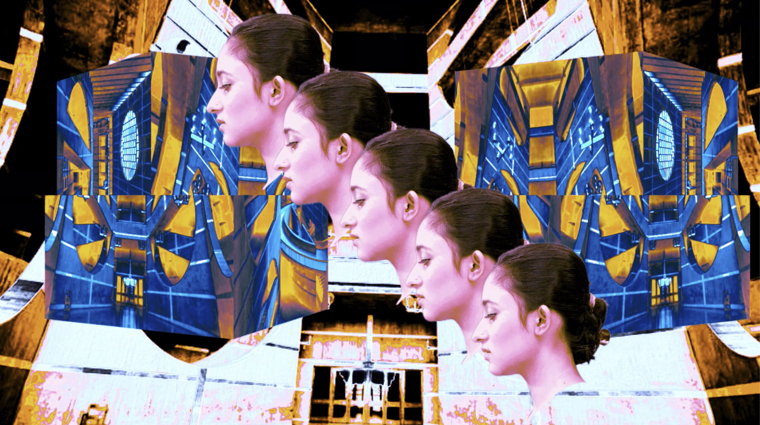 Collage Abstractefd Image with Repetitive Side-Profile of a Face with a pink hue and and a background of Blue and Orange Shapes and Digital Manipulations.