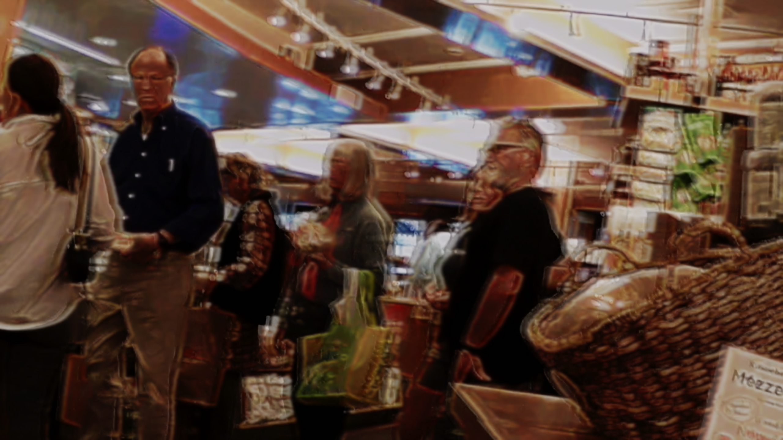 Blurry image of several people inside of a shop.