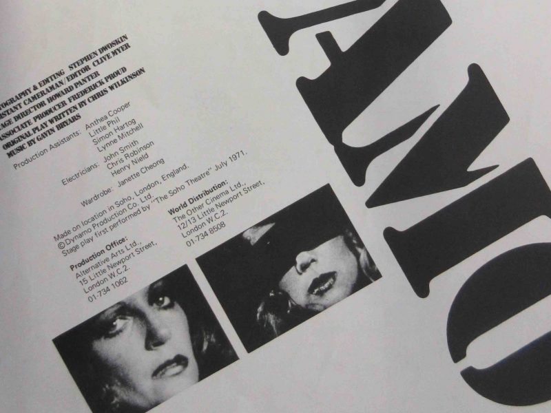 zoomed in on a flatlay of a flyer tilted by 45 degrees. massive stencil type font writes “AMO” on the right and a block of text and two photographs each capturing white woman are on the left.