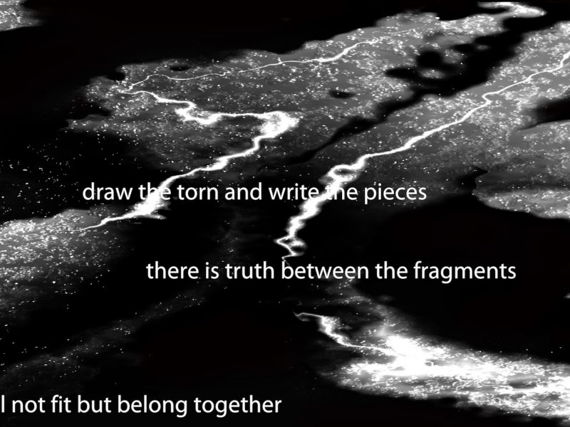 a black and white image of light falling on water to make abstract patterns. on the image are the words 'draw the torn and write the pieces there is truth between the fragments that will not fit but belong together'