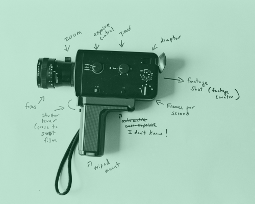Black super 8mm camera on sheet paper with pencil explanations of the different parts of the camera. The picture has a green filter.