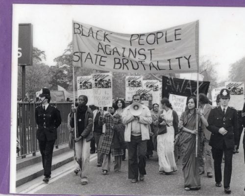 An image of a demonstration against state brutality and racism organised by Awaz, the first South Asian women's activist organisation in Britain together with Brixton Black Women's Group and the Indian Worker's Organisation GB on June 9, 1979.
Published on Finding a Voice, Asian women in Britain, Daraja Press 2018.