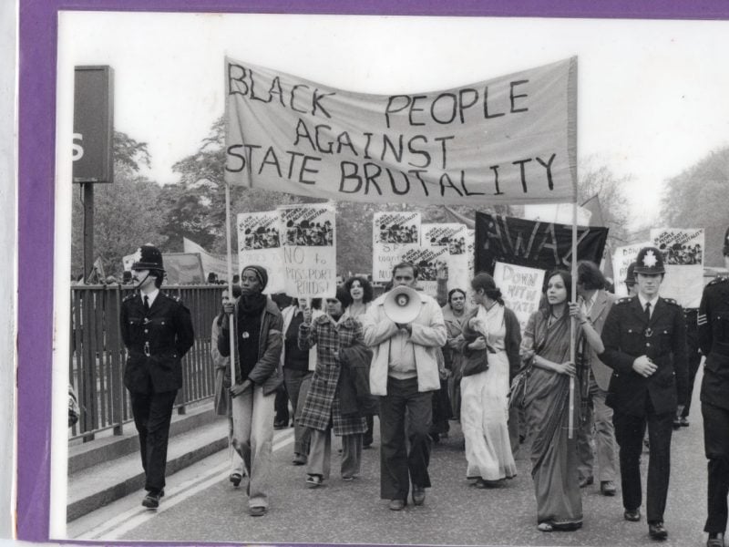An image of a demonstration against state brutality and racism organised by Awaz, the first South Asian women's activist organisation in Britain together with Brixton Black Women's Group and the Indian Worker's Organisation GB on June 9, 1979.
Published on Finding a Voice, Asian women in Britain, Daraja Press 2018.