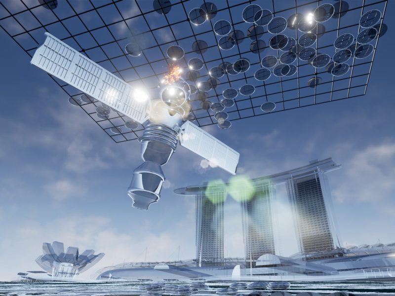 Silver satellite floating in a futuristic silver landscape.