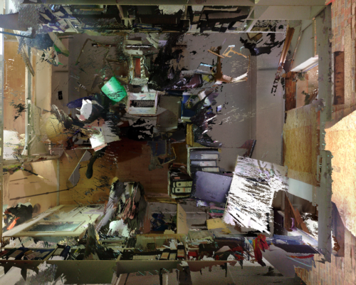 A bird's-eye view 3D rendering of a room, featuring heavy glitches. Despite the distortion, you can make out tables and shelves with folders arranged around the space