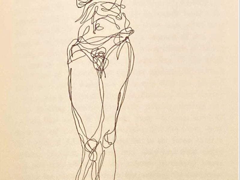 A pen drawing of a naked woman with her arms outstretched, drawn in a continuous abstracted line