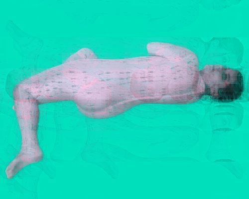A naked woman whose face and body are obscured and pixelated.