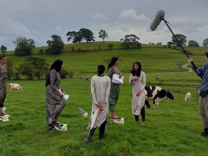 image from Jasleen Kaur: Gut Feelings Meri Jaan, five asian women stand in a field surrounded by cows, next to them is a person holding a boom mic, they appear taking part in a film shoot