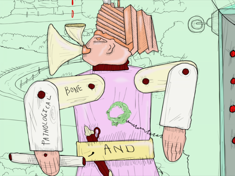 A drawing of a person whose bolt-jointed elbows held to make a 90 degree angle. One the left arm “Pathological” and “bone” are written in all caps. He wears a hat that looks like a type of turban and holds a horn-shaped object in his mouth. On his waist belt that secures his blade writes “AND”.